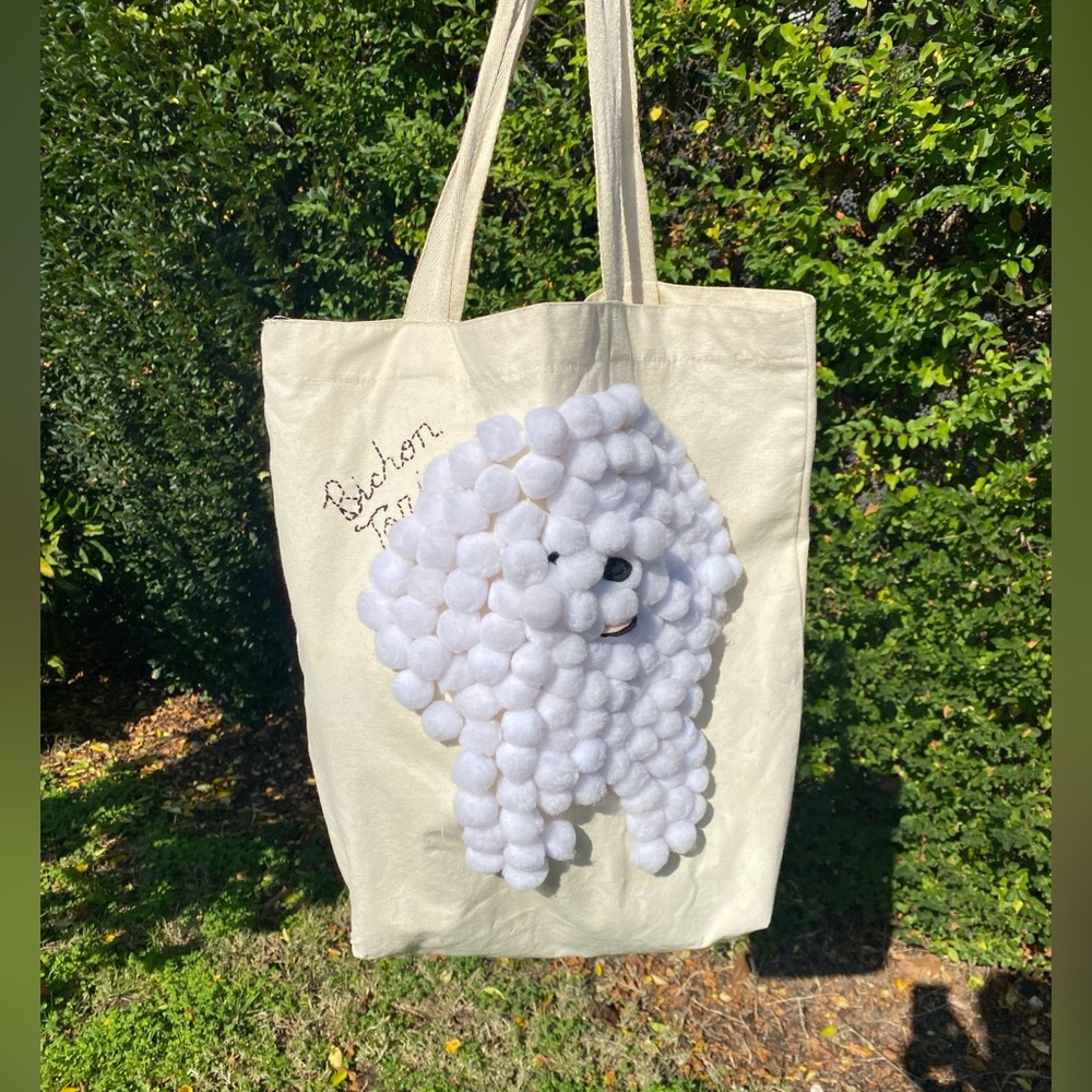 Handmade handsewn tote bag with bichon dog